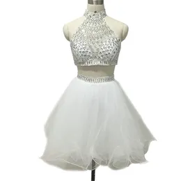 Short Homecoming Dresses Two Pieces Sexy Halter Backless Crystal Party Gowns Tulle Ball Gown Little Princess Birthday Mini Prom Graudation Cocktail Party Gowns 06