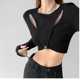 Women's Blouses Shirts Chic Hollowout Sense of Design Pullover Round Neck Knit Women Spring Short Exposed Navel Bottoming Shirt Slim Longsleeved Top 230223