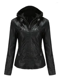 Women's Jackets Removable Hooded Faux Leather Casual Stand Collar Detachable Hood PU Jacket