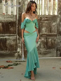 Tvådelad klänning ailigou kvinnors kjol sätter fast färg från axel sexig ruffle ärmlös kort topp långvarig fest 2 230222