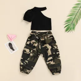 Clothing Sets Kid Baby Girl Long Pants Outfits Solid Color Oblique Shoulder Single Short Sleeve Tops Camouflage With Belt Set