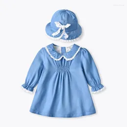 Flickaklänningar Cekcya Baby Girls Blue Smocked Dress Children Spanish Boutique Birthday Frocks With Hats Holiday