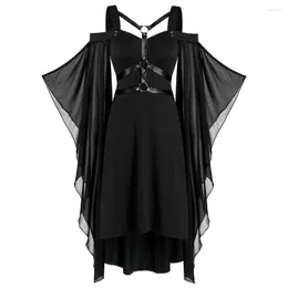 Casual klänningar plus storlek Chiffon Batwing Sleeve Lace-up Harness Insert High Low Dress Cold Shoulder Gothic Female Black Vestidos