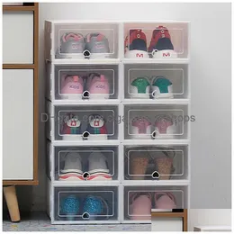 Aufbewahrungsboxen Bins 6PC Transparente verdickte staubdichte Schuhe Organizer Box kann überlagert werden Kombination Schuhschrank Q1130 Drop Ot4Ym