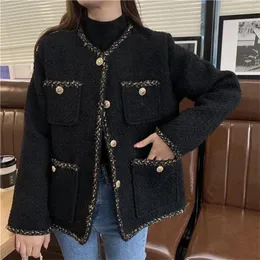 Chaquetas para mujer Moda Tweed Suelta Casual Manga larga Multibolsillo Versátil Damas Negro Prendas de abrigo 230223