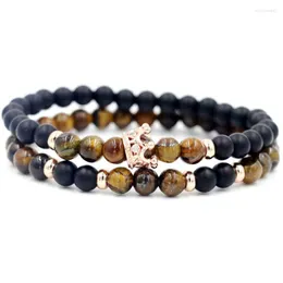 Strand 2pcs/مجموعة طبيعية Onyx Tiger Eye Stone Men Men Silver Color Crown Charm Bracelets للنساء عشاق