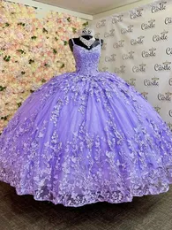 Flieder-Lavendel-Prinzessin-Quinceanera-Kleid, hübsches Cape, geschwollenes Spitzenkleid, süßes 15-Kleid, Abschluss-Abschlussball-Kleider für 15 Jahre