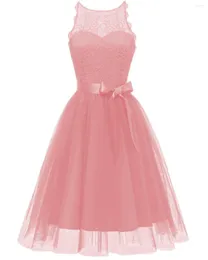 Casual Dresses Bridesmaid Pink O-neck Lace Sleeveless A-line Chiffon Vintage Formal Graduation Gowns Woman Vestidos