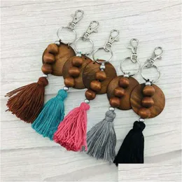 Keychains Lanyards 5 Colors Wooden Bead Tassel Keychain Pendant Lage Decoration Keyring Fashion Beaded Key Chain Party Gift Drop D Dhy0B