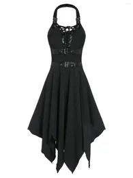 Casual Dresses Women Gothic Dress Plus Size Faux Leather Strap Lace-Up Cut Out Handkerchief Sleeveless Mid-Calf Party Vestido Femme