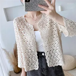 Frauen Strick 2023 Mode Sommer Gestrickte Spitze Strand Mantel Top Aushöhlen Häkeln Hülse Mit Drei Vierteln Kurze Kleine Schal strickjacken L188