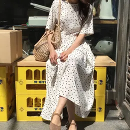 Casual Dresses Women Summer Polka Dot Slim midjebandage Lång klänning Kvinnlig vintage Vestidos med bälte sundressrock Longue Femme Zomer Jurk 230223