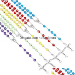 Naszyjniki wiszące kryształowy akrylowy różaniec dla kobiet religijne dziewicza dziewica Maryja Jezus Cross 8 mm koraliki długie łańcuchy mody biżuteria DH8AR