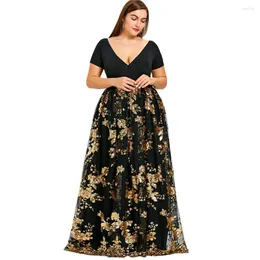 Casual Dresses Women Plus Size 5xl Floral Sparkly Maxi Prom Sequined Dress Sexig Deep V Neck Kort ärm Elegant Party Vestidos Femme