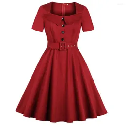 Casual Kleider Quadrat Kragen Vintage Frauen Sexy Kleid Vier Taste Pinup Swing Abend Party Vestidos Rote Farbe Sommer Retro