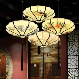 Kolye lambalar El boyama yuvarlak demir kumaş fener gölge ışık fikstür Çin tarzı fuaye yemek masası çalışma odası koridor projesi