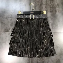 Skirts Women Fashion Autumn High Waist Belt Multi Layer Short Heavy Drilling Rhinestones Fringed with Cake A Line 230223