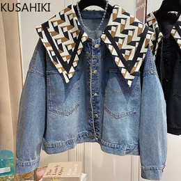 Womens Jackets KUSAHIKI Causal Printing Peter Pan Collar Demin Coat Women Autumn Cowboy Tops Korean Fashion Jeans Jacket Outwear 230222