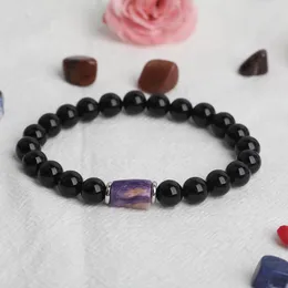 Braccialetti con ciondoli Perline di pepite di Charoite viola naturale Agate nere 8mm Bracciale con cordino elastico annodato rotondo Gioielli di amicizia