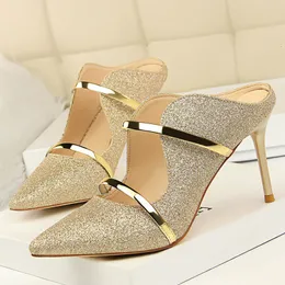 Sandały Summer Kobiety o wysokie obcasy 9 cm Glitter Sandały Lady Bling Mules Sandles Ceids Pumps Silver Gold Nightclub Bigtree Buty 230223