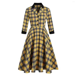Casual Dresses Long Sleeve Winter Vintage 50s Rockabilly Dress Plaid Robe Femme England Style Yellow Women Pin Up Autumn Party Retro