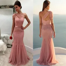 2019 Novo design Dusty Rose Rose Formal Dresses Evening Use um ombro de miçanga de sereia longa Partida de baile de baile árabe, vestidos de ocasião especial C327V