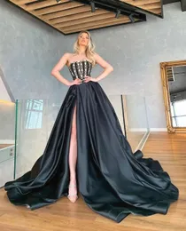 Black Prom Dresses Sleeveless Bateau 3D Lace Appliques Sparkly Sequins Chinese Knot Floor Length Celebrity Side Slit Diamonds Evening Dress Plus Size Custom Made