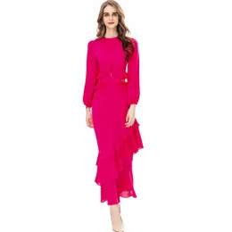 Frauen Runway Kleider O Neck Long Sleeves Rüschen Sexy Offene Seite Mode Designer Vestidos Abendkleid