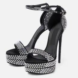 босоножки со стразами Туфли на супервысоком каблуке с водонепроницаемой платформой женские формальные туфли на шпильках Роскошные дизайнеры, инкрустированные кристаллами, ремешок на щиколотке, модельные туфли 16 см