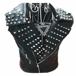 Men's Vests Band Rock Drum Men And Women Singer DJ Adult Show Rivet Vest Punk PU Leather Tank Tops Boys Male Costumes 230223