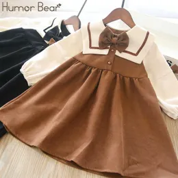 Kız Elbiseleri Mizah Bear Girl's Dress Bahar Sonbahar Kore Okul Tarzı Uzun Kollu Gözetleme Bowknot Dekorasyon Toddler Çocuk Giysileri G230222