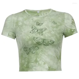 Женские футболки Tsry Butterfly Green Crop Top Y2K Эстетическая рубашка с коротким рукавом o шея. Женщины Harajuku милая футболка Summer Retro 90 -х