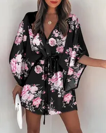 Casual Dresses Boho for Women Summer Loose Print VNeck Batwing Sleeve LaceUp Irregular Mini Dress Vestido 230223