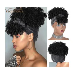 Syntetyczne peruki energiczne opaska na głowę krótka czarna perwersyjna peruka z grzywką afro puff dla kobiet sier turban głowa opakowanie upuszczenie włosów DHS2G