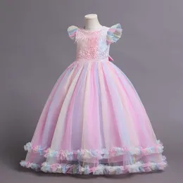 Abiti da ragazza EACHIN 2022 Nuove ragazze eleganti abiti da principessa in rete Moda manica a mosca Arcobaleno Abito da sposa Abiti lunghi da festa in tulle per bambini Z0223