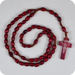 Anhänger Halsketten Oval Holz Rosenkranz Perlen INRI JESUS Kreuz Halskette Katholischen Mode Religiösen Schmuck