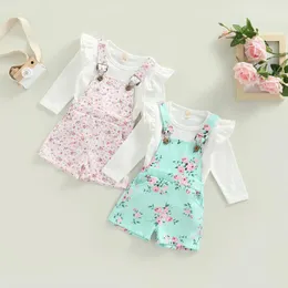 Set di abbigliamento 1-5 anni Bambina Top a maniche lunghe Tutina con volant Stampa floreale Cinghie regolabili Primavera