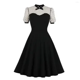 Casual Dresses Women Summer Black Party Mesh Patchwork Polka Dot 50s 60s Swing Retro Vintage Gothic Dress Hepburn Style