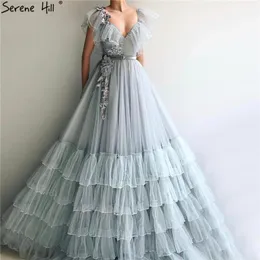 Festklänningar Senaste design Gray V-ringning Sexig prom 2023 ärmlös A-linje handgjorda blommor klänningar serene Hill Bla70025