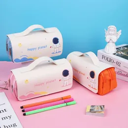 Bolsas de lápis Case de tela de astronauta de grande capacidade de três camadas escovas de caneta bolsa de zíper duplo de armazenamento cosmético de material escolar