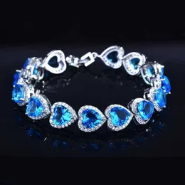Cadeia de link Fashion Heart Bracelet Inclado de luxo azul AAA Cubic Zircon Coração romântico do charme do mar jóias de prata para mulheres Party Wedding Party G230222