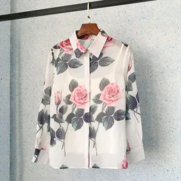 Kvinnors blusar 2023 Spring Korean Style Women's High Quality Flower Print långa ärmar Chiffon Shirt Topps C387