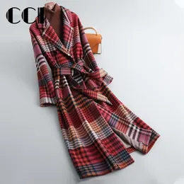 Kvinnors jackor CCI Specialerbjudande Autumn Winter Wool Blandning Kvinnor Lång kontor Lady Warm Fashion Plaid Belt Outwear YJ008C 230223