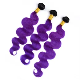 Ombre Purple Human Hair Extensions Two Tone 1B Violet Donkere wortels 3 Bundels Peruaanse lichaamsgolf Haar Weave Weft288V