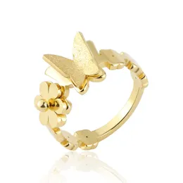 Pierścienie zespołowe Nowy przybycie Piękny kwiat i matowy pierścionek motyla dla kobiet ze stali nierdzewnej złotą kolor biżuterii marka Pierścień Hurtowa G230213