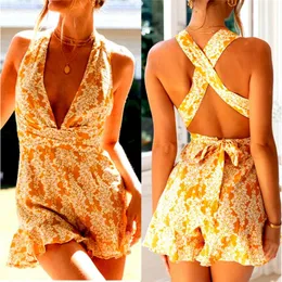 Women's Jumpsuits Boho Floral Romper Overall Outfits Women Sleeveless Bandage Open Back Slim Jumpsuit Playsuit Summer Deep V Neck Ruffle