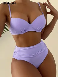 Women's Swimwear INGAGA Sexy Push Up Bikinis High Waist Women 2023 Woman Summer Beachwear Solid Bathing Suits Ruched 230224