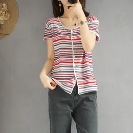 Women's Two Piece Pants 100 Cotton Thin Knitted Cardigan AgeReducing Color Stripes ShortSleeved Large Size Round Neck Small Jacket TShirt 230224