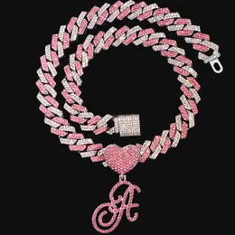 Pendant Necklaces Hip Hop Bling Pink Crystal Cursive Initial Letter Cuban Necklace for Women Iced Out Paved Cuban Chain Necklace Choker Jewelry 230223