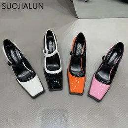 Отсуть обувь Suojialun 2023 Брэнд Женские Печат модные квадратные пальцы на квадратные носки мелкие женские элегантные сандалии высокого каблука 230224